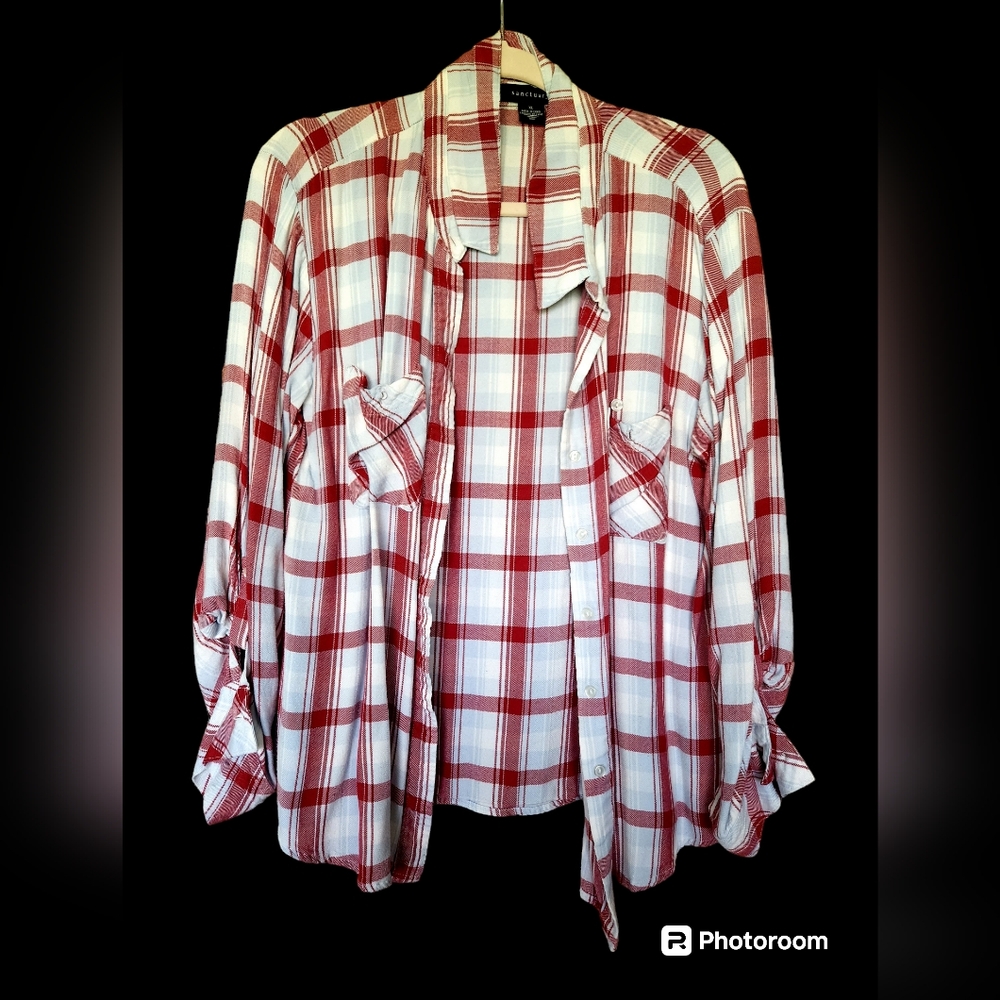 Plaid of red, light blue, and white